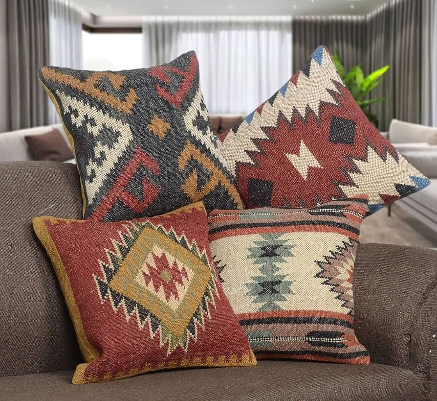 Boho Pillow Covers Set of 4 | Handmade Kilim Wool & Jute Cushion Covers 18x18 Inch for Sofa, Couc... | Amazon (US)