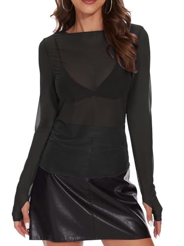 ELGOGY Women's Short Sleeve Long Sleeve Sheer Mesh Tops Tee Shirt Blouse Black XL | Amazon (US)