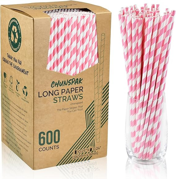 10.25" Long Pink/White Striped Disposable Paper Drinking Straws Bulk - Unwrapped [600 Counts] | Amazon (US)