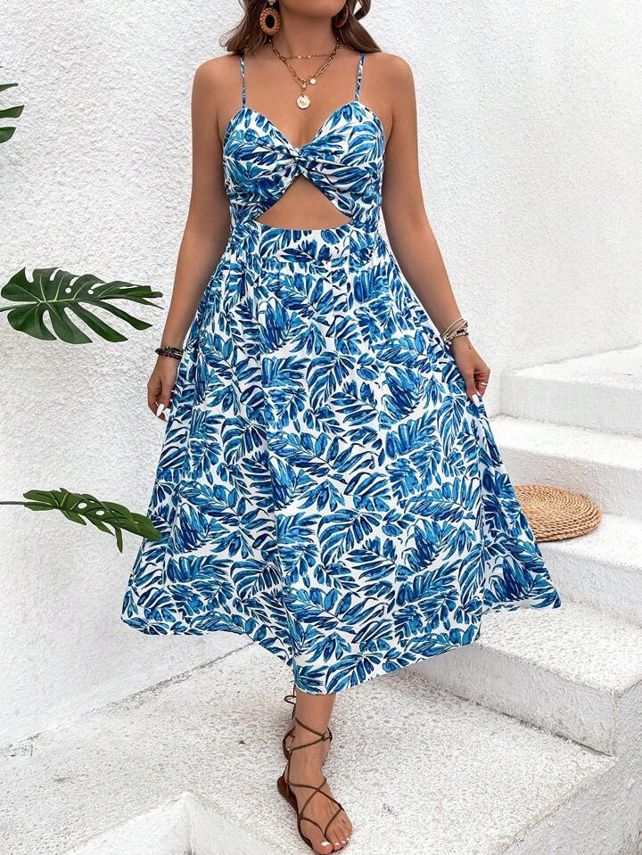 SHEIN VCAY Plus Size Women's Summer Vacation Casual Tropical Plant Printed Hollow Out Cami Dress | SHEIN