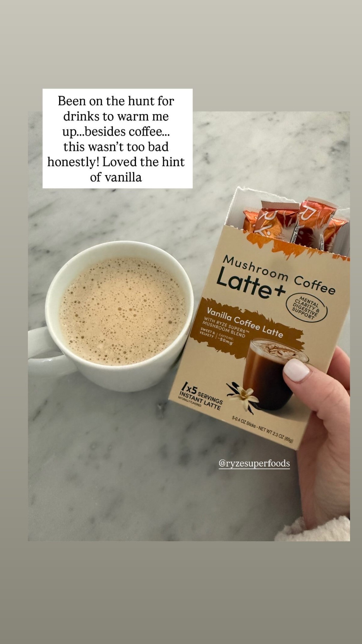 Been on the hunt for drinks to warm me up…..besides coffee…..
this wasn’t too bad honestly! Loved the hint of vanilla  @ryzesuperfoods