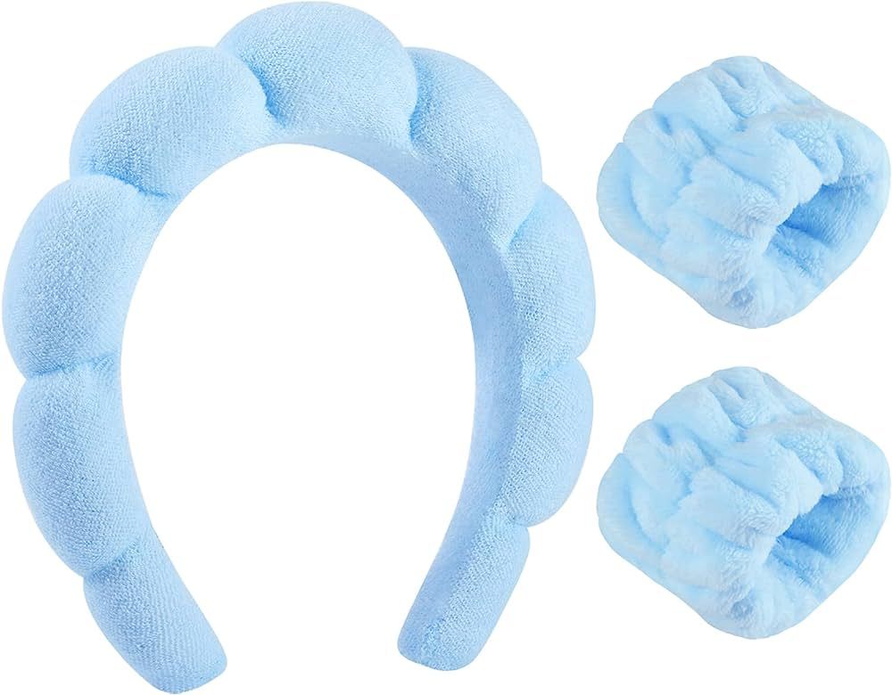 Sponge Spa Headband for Women, Blue Makeup Headband and Wrist Washband Set for Face Washing, Skin... | Amazon (US)
