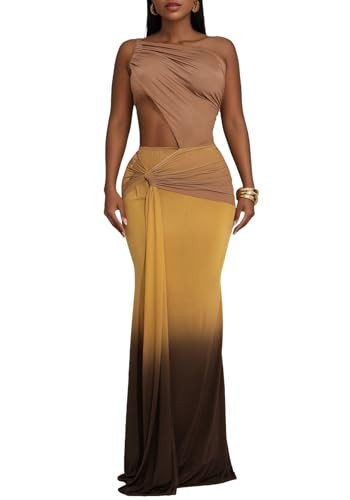 YOOTIKO Women Sexy One Shoulder Dress Formal Cocktail Party Evening Cutout Ruched Bodycon Maxi Dress Brown | Amazon (US)