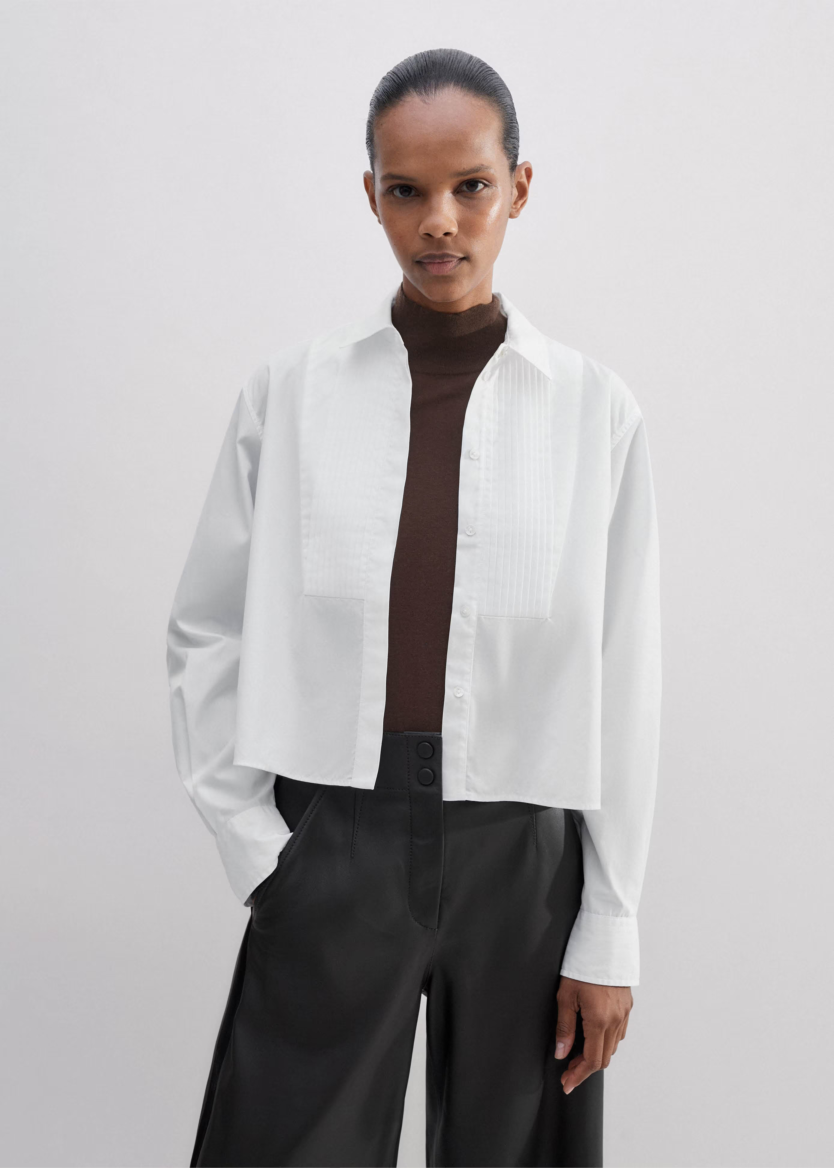 Women's White Cotton Bib Detail Crop Shirt | ME+EM | ME+EM US