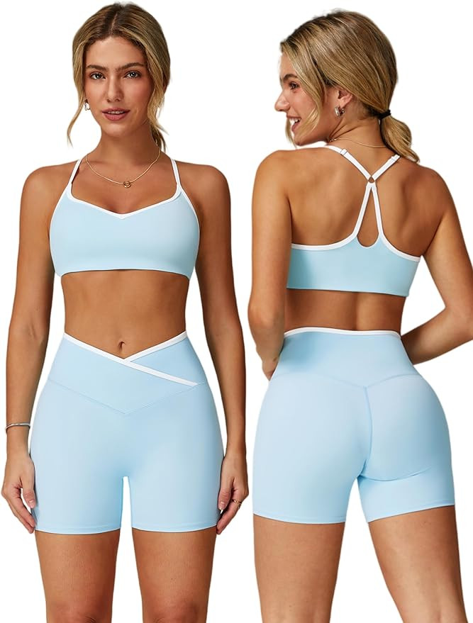 ABOCIW Workout Sets for Women 2 Piece Color Block Strappy Sports Bra Crossover High Waist Shorts ... | Amazon (US)