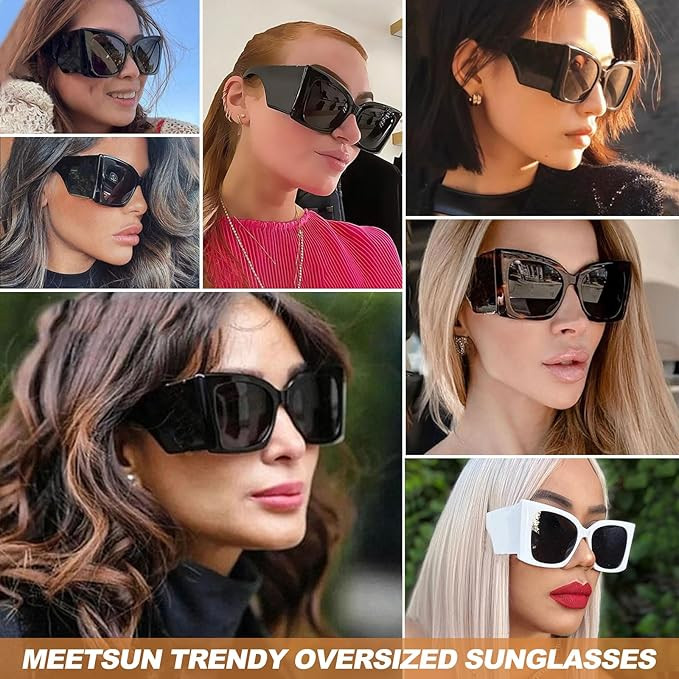 MEETSUN Trendy Retro Cat Eye Oversized Sunglasses for Women Stylish Vintage Wide Legs Square 90s ... | Amazon (US)