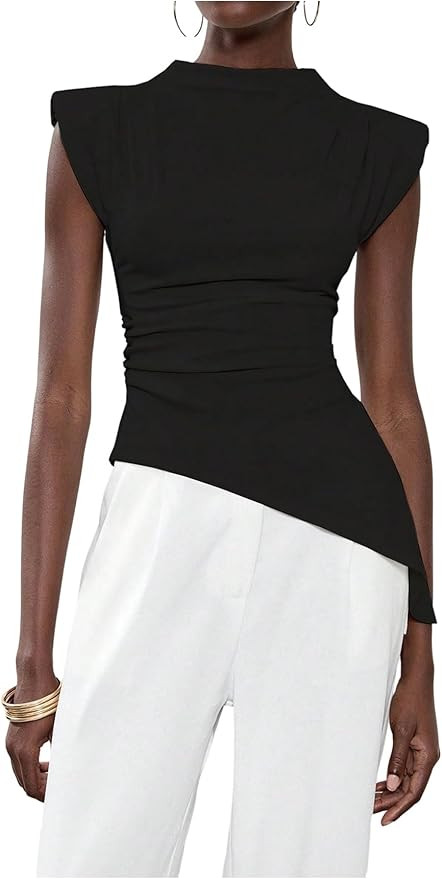SweatyRocks Women's Asymmetrical Hem Ruched Top Shoulder Pad Fitted Sleeveless Mock Neck Shirts G... | Amazon (US)