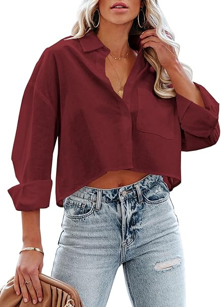 Tankaneo Womens Button Down Cropped Shirts Long Sleeve Casual Crop Tops Solid Lapel Blouse Shirt ... | Amazon (US)