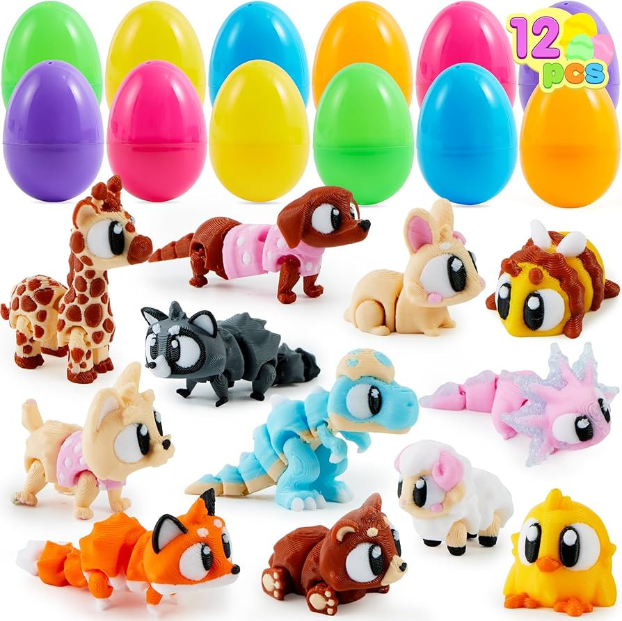 JOYIN 12 Pcs Prefilled Easter Eggs with 3D Printed Toys, Cute Mini Animal Toys with Big Eyes for ... | Amazon (US)