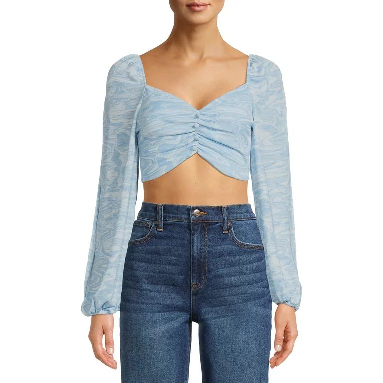 Almost Famous Juniors' Cropped Ruched Faux Button Front Top with Balloon Sleeves - Walmart.com | Walmart (US)