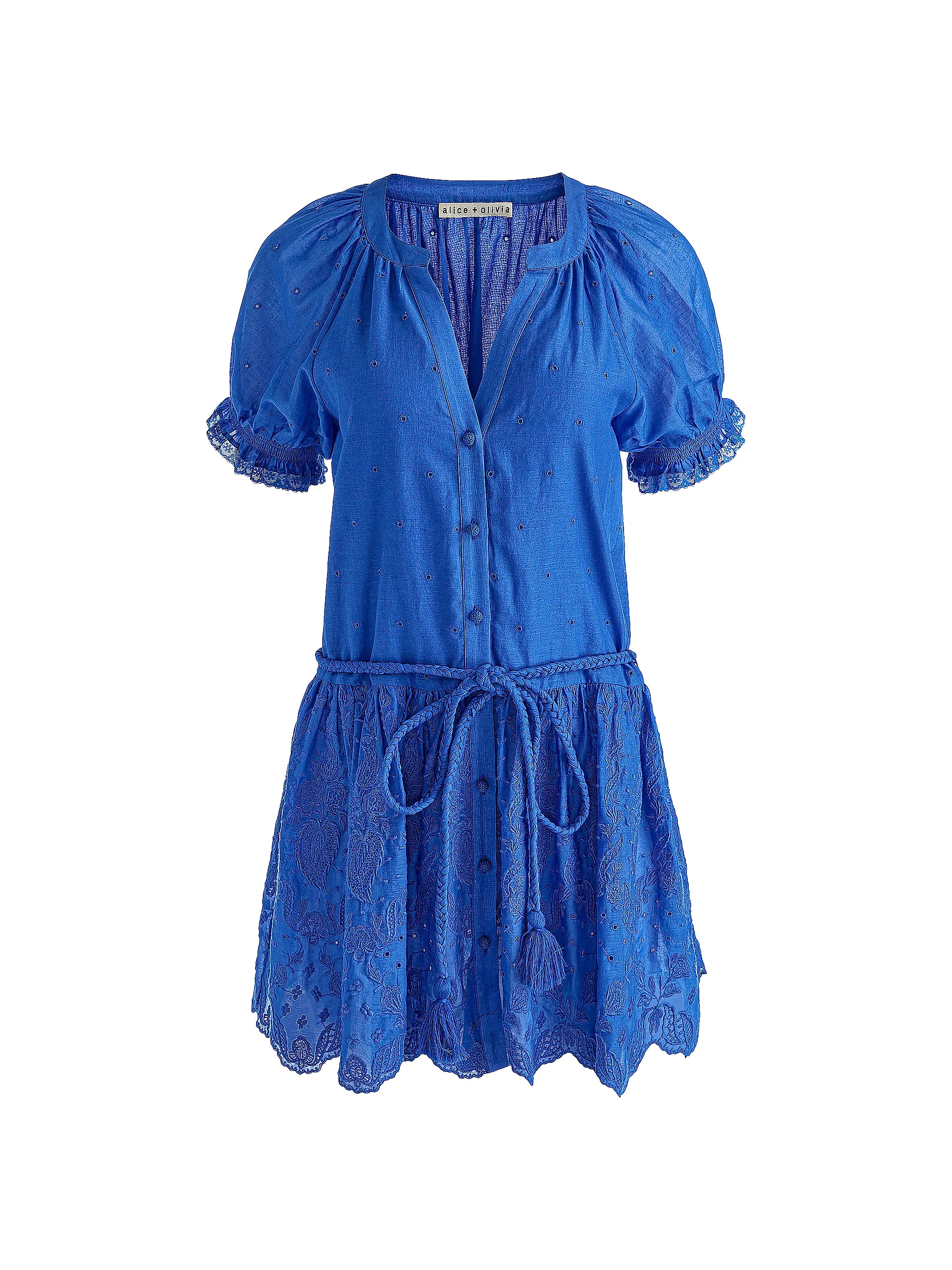ALICE + OLIVIA Thalia Tie-Waist Eyelet Cotton A-Line Minidress | Saks Fifth Avenue | Saks Fifth Avenue
