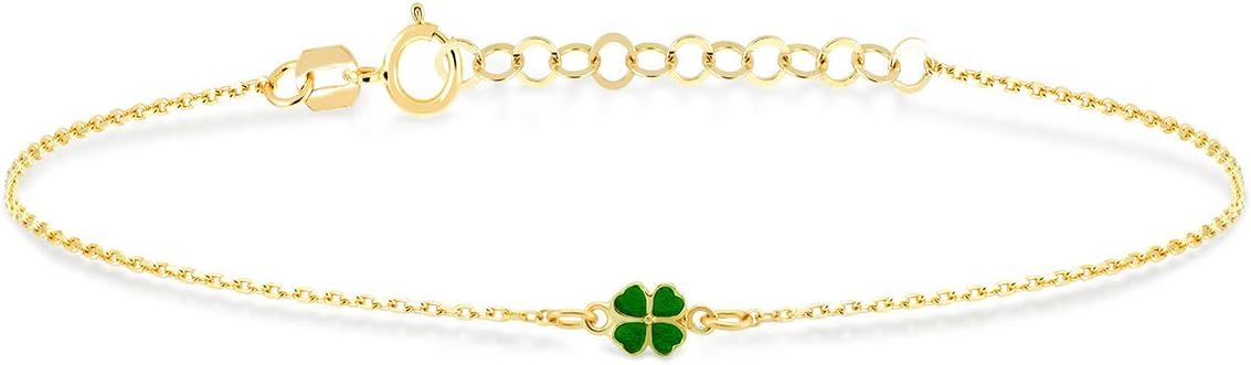 14k Solid Gold Green Clover Bracelet | 14k Yellow Gold Four Leaf Clover Bracelets for Women | Dai... | Amazon (US)