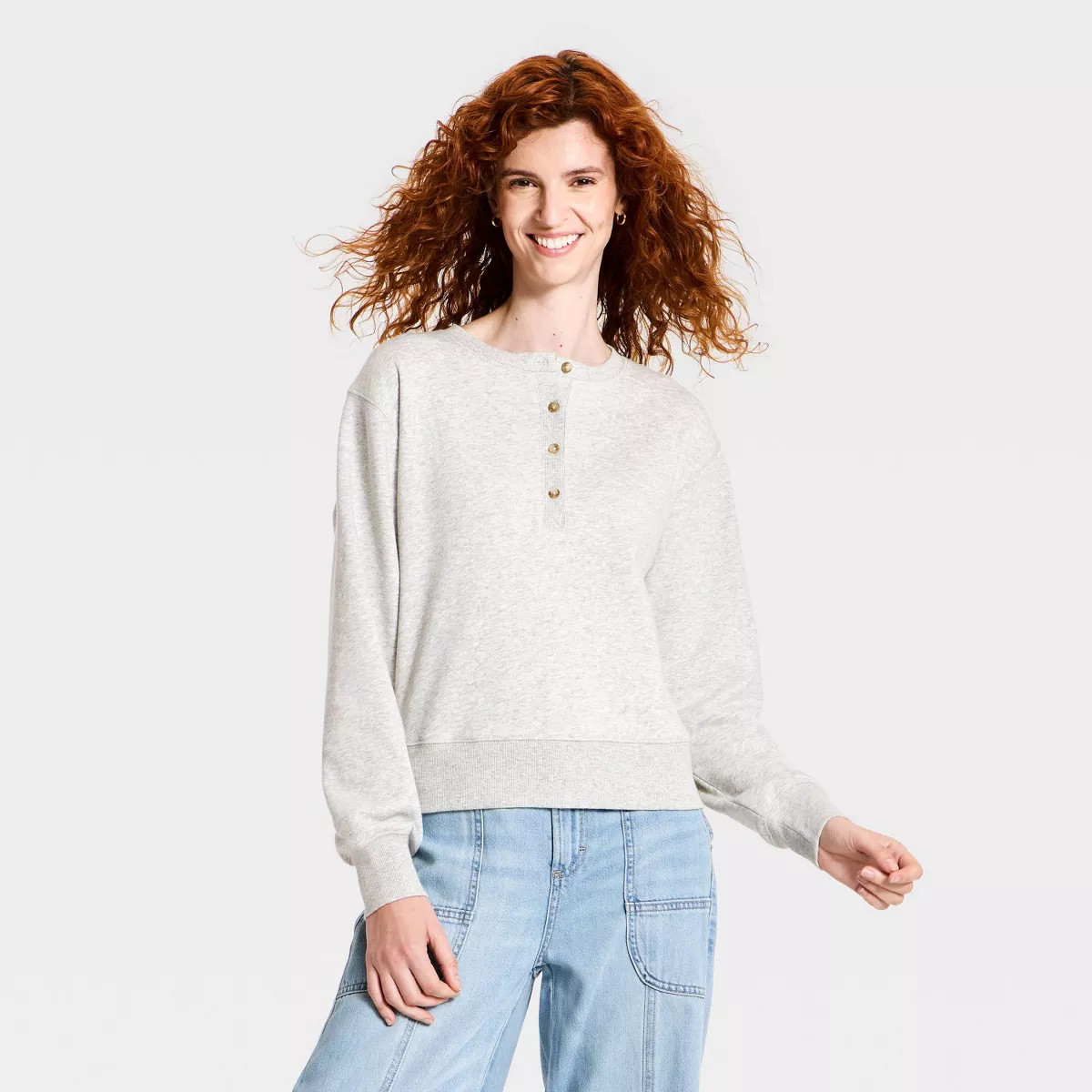 Women's Long Sleeve Henley Shirt - Universal Thread\u2122 Heather Gray XS | Target