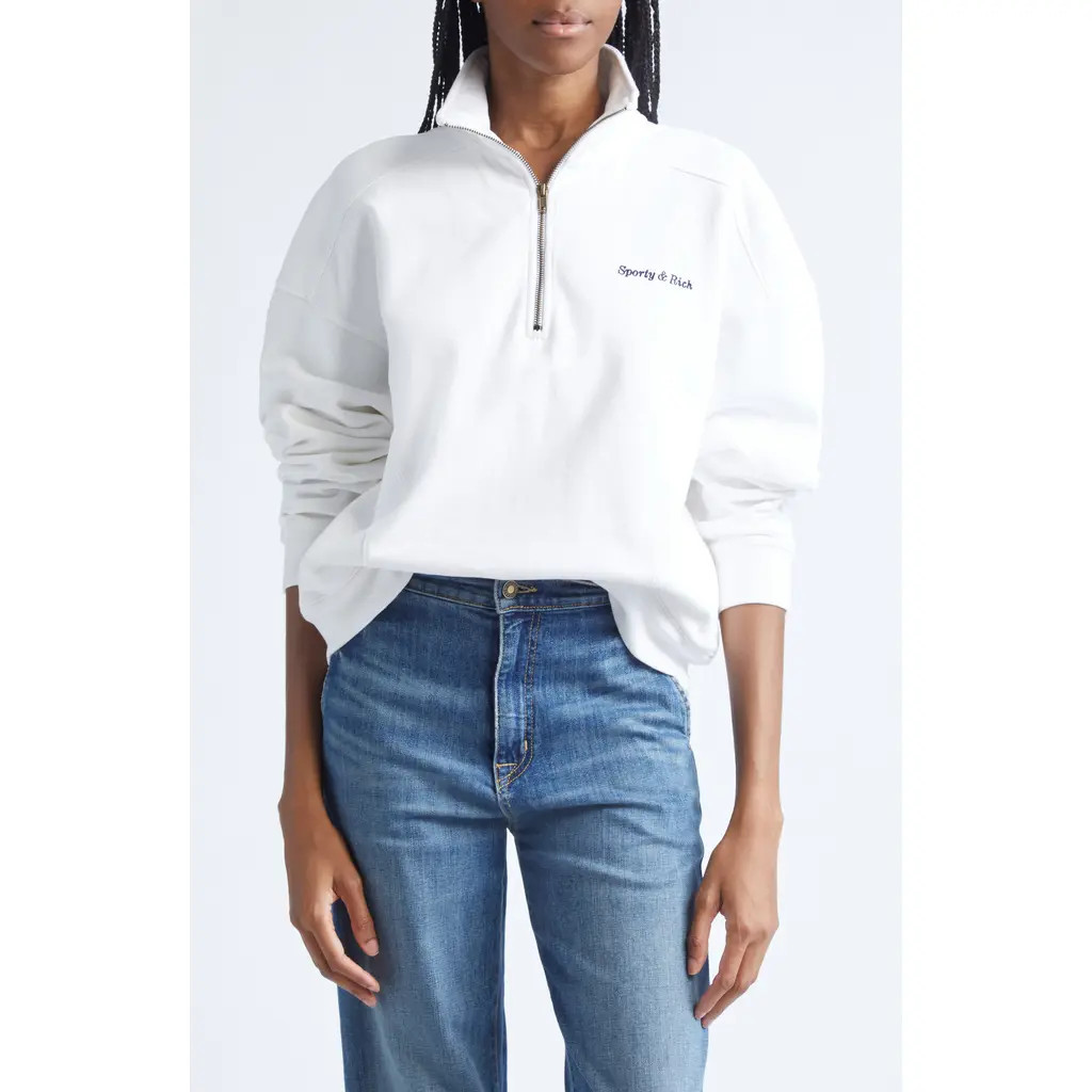 Sporty & Rich Eden Crest Quarter-Zip Cotton Fleece Sweatshirt in White at Nordstrom, Size Medium | Nordstrom