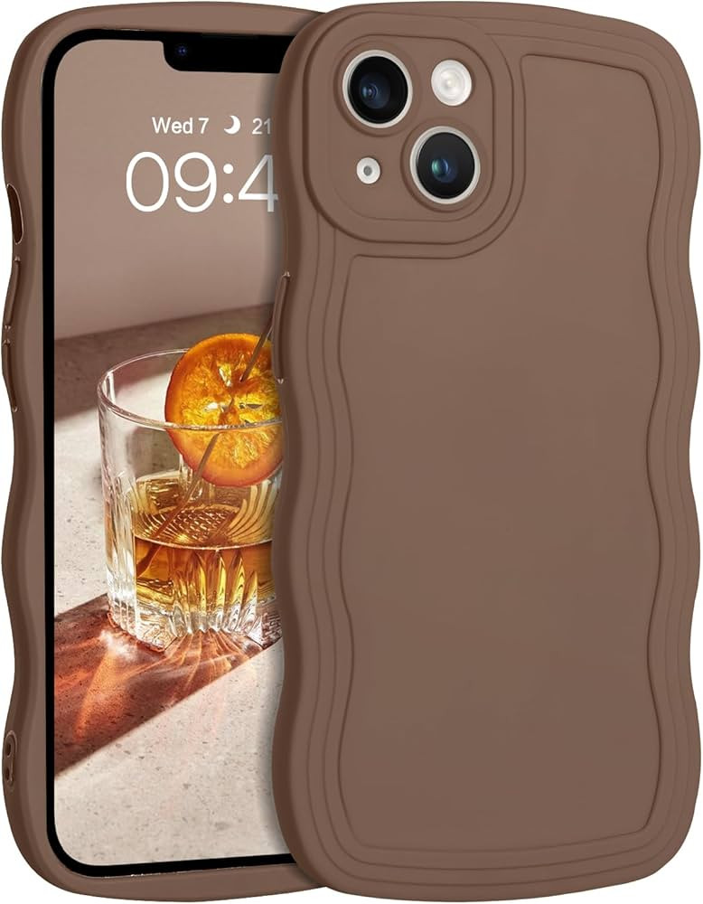 YINLAI Designed for iPhone 14 Case, Brown Phone Cover, Cute Curly Wave Frame Shape Slim Soft TPU ... | Amazon (US)