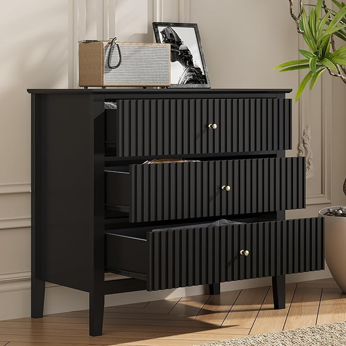 RoyalCraft Black Fluted 3 Drawer Dresser, 32 inch Wide Dresser Nightstand for Bedroom, Modern Woo... | Amazon (US)