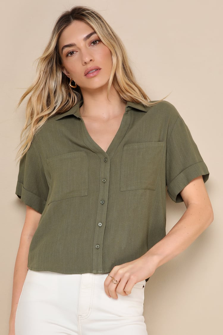 Summer Escapades Olive Green Linen Collared Button-Up Top | Lulus