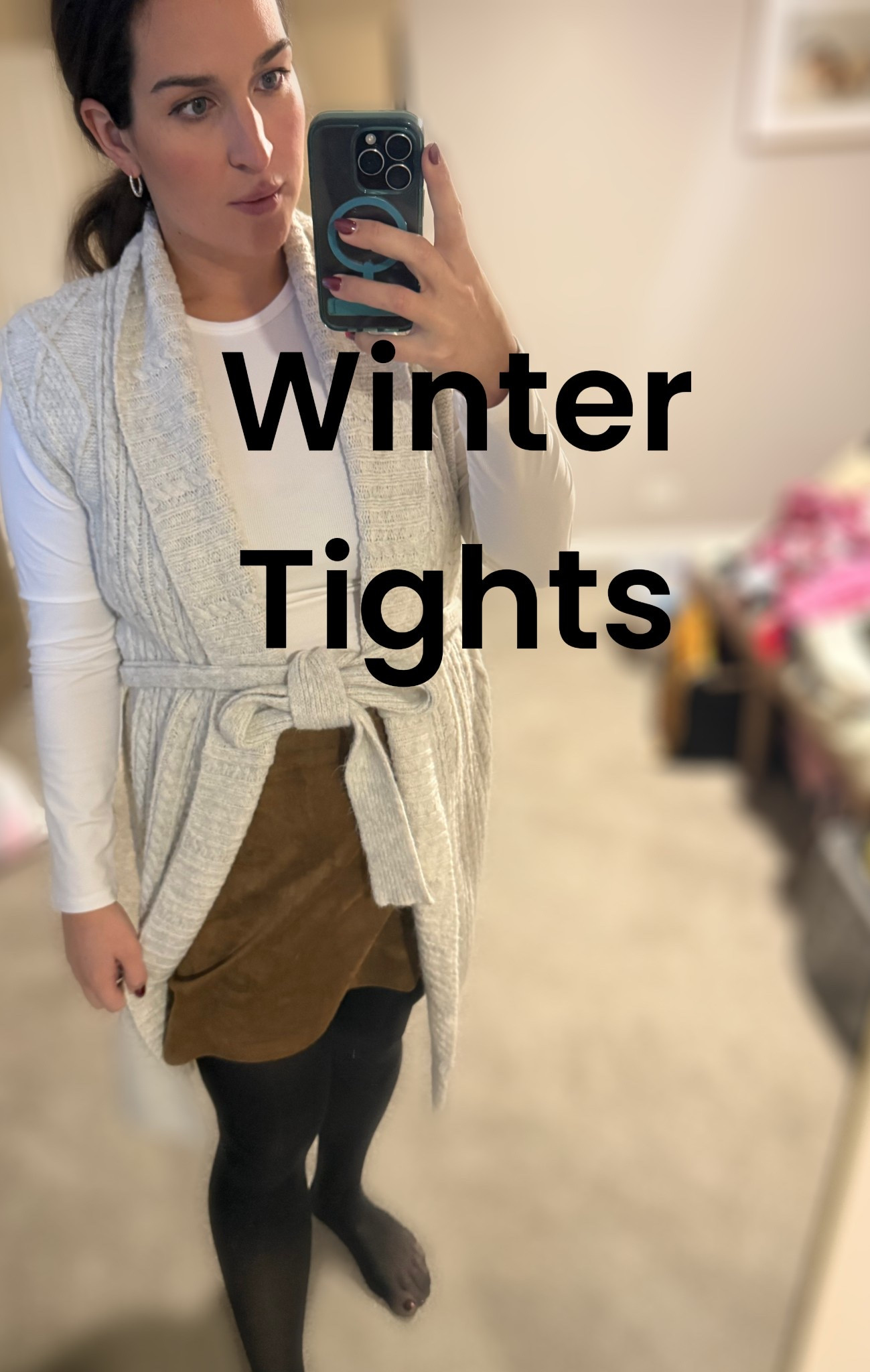 The best winter tights are from Commando because they refuse to roll when I sit. I am a size XL in these and you can see they smooth out the suede skirt too. #tights 

#LTKootd #LTKMidsize