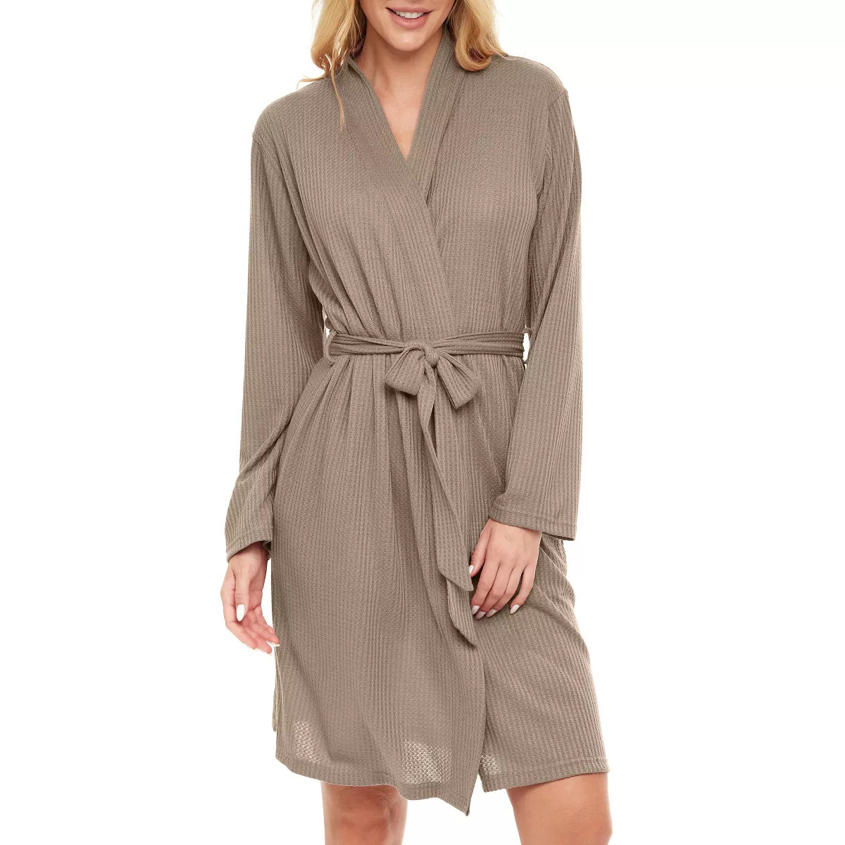 ADR Women's Ribbed Knit Wrap Robe with Pockets, Lightweight Bathrobe Beige Small | Target