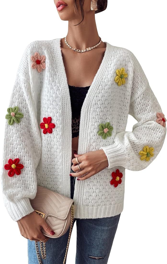 Verdusa Women's Floral Applique Bishop Sleeve Open Front Knitted Cardigan Sweater | Amazon (US)