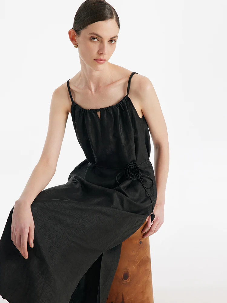 18 Momme Xiang Yun Silk Women Spaghetti Strap Maxi Dress With 3D Rose | GOELIA