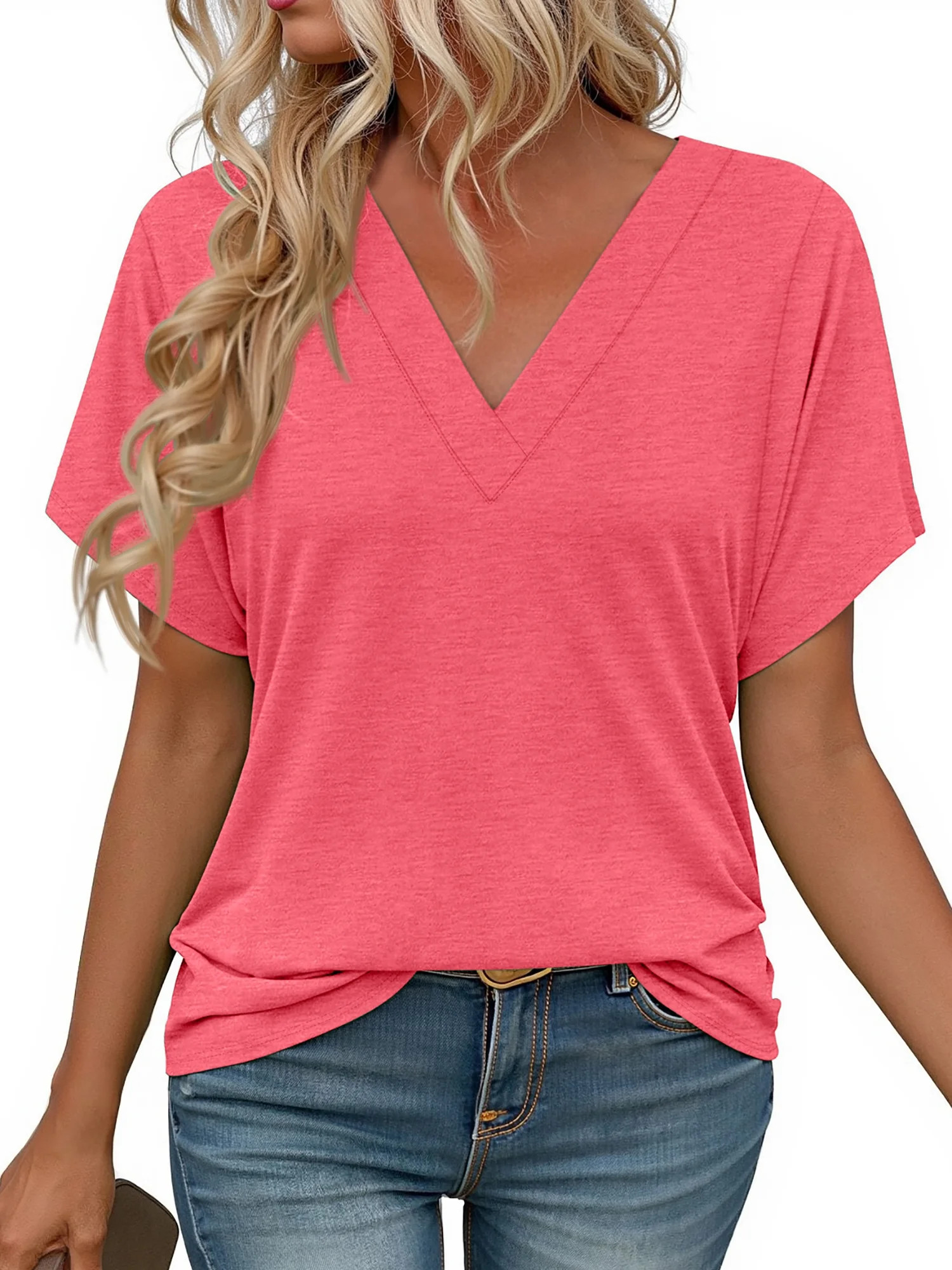 MOSHU Deep V Neck Womens Tops Curved Hem Shirts for Women Fashion Trendy Blouses Casual Loose Fit... | Walmart (US)