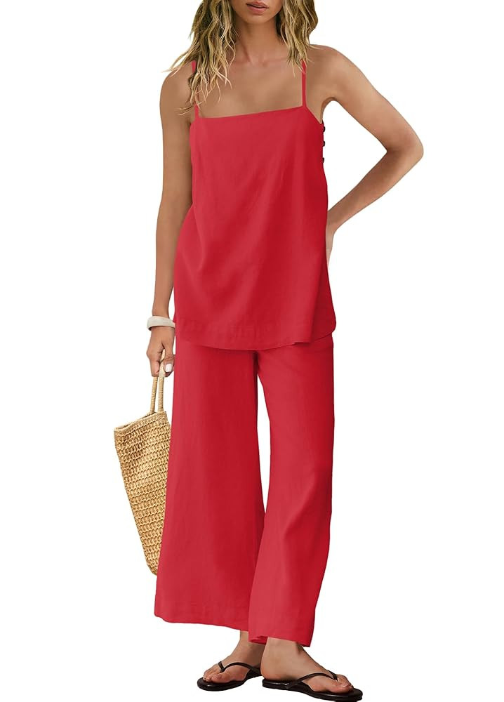 Panadila 2 Piece Linen Set Summer Travel Beach Vacation Outfit Sexy Spaghetti Strap Tank Top and ... | Amazon (US)