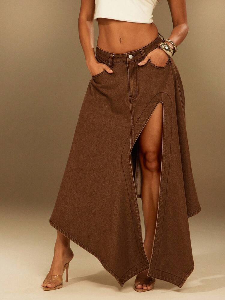 Denimoi Asymmetrical Slit Denim Skirt, Fashionable For Summer, Denim Midi Skirt, High Slit Skirt, Sexy Skirt | SHEIN