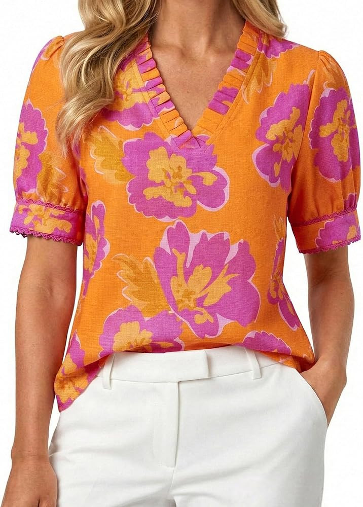 GRACE KARIN Women Boho Floral Tops, Summer Puff Short Sleeve Dressy Casual Shirts, 2026 Spring V ... | Amazon (US)