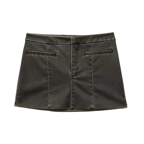 Womens Faux Leather Skirt Mid Waist Mini Skirts Pockets Short Skirt Basic Streetwear Clubwear Skirts(Large) Chocolate | Amazon (US)