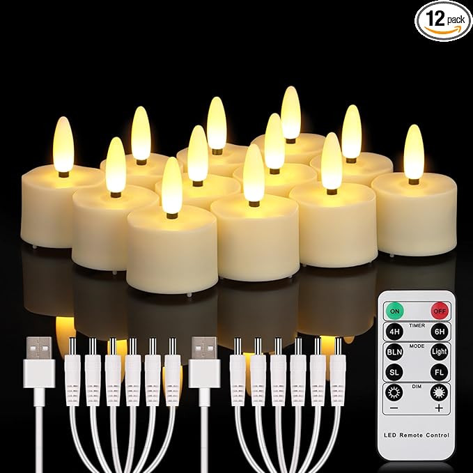 12 PCS Rechargeable Flameless Tea Lights Candles Flickering with Remote Timer and 2 USB Charging ... | Amazon (US)