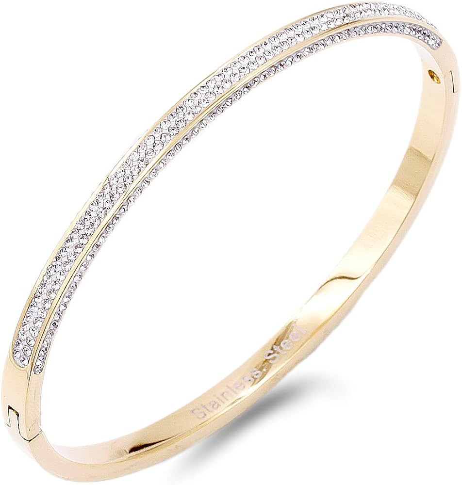 Lavencious Gold Plated Stainless Steel with CZ Stones Hinged Bangle 6mm Width Bracelets fow Women... | Amazon (US)