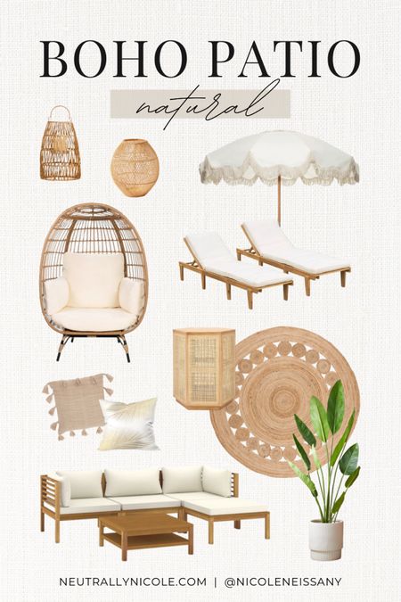 Natural boho patio decor style

// #ltkhome #ltkseasonal #ltkfind #ltkstyletip #ltkunder50 #ltkunder100 home decor, patio decor, backyard decor, patio furniture, backyard furniture, outdoor decor, outdoor furniture, round jute rug, outdoor rug, boho rug, area rug, patio rug, throw pillows, egg chair, tassel beach umbrella, wood patio chairs, lounge chairs, patio sofa, outdoor couch, side table, accent table, rattan lanterns, bamboo lanterns, neutrals, neutral style, white, cream, bamboo, rattan, cane, acacia wood, minimalist, Target, World Market, Home Depot, Wayfair, Urban Outfitters, CB2