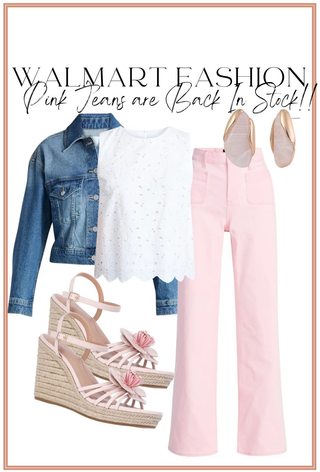 THE pink jeans are back!!! 💕🙌 Walmart fashion pink jeans are officially restocked and they are just as good as I remembered.

These are the perfect high-waisted pink jeans for spring outfits and summer style. The fit is so flattering, they have great stretch, and the soft pastel pink color pairs perfectly with denim jackets, white eyelet tops, graphic tees, and wedges.

I styled mine with a classic denim jacket and white top for the cutest spring outfit idea. Add espadrille wedges or ballet flats and you’re set for date night, brunch, church, or everyday mom life.

If you missed them the first time — now is your chance because these sold out FAST before 💕

✨ True to size
✨ Flattering high rise
✨ The prettiest soft pink

#pinkjeans #walmartfashion #springoutfitideas #walmartfinds #pastelstyle #affordablefashion #springstyle #momoutfits #budgetfriendlyfashion #walmartstyle

#LTKootd #LTKPetite