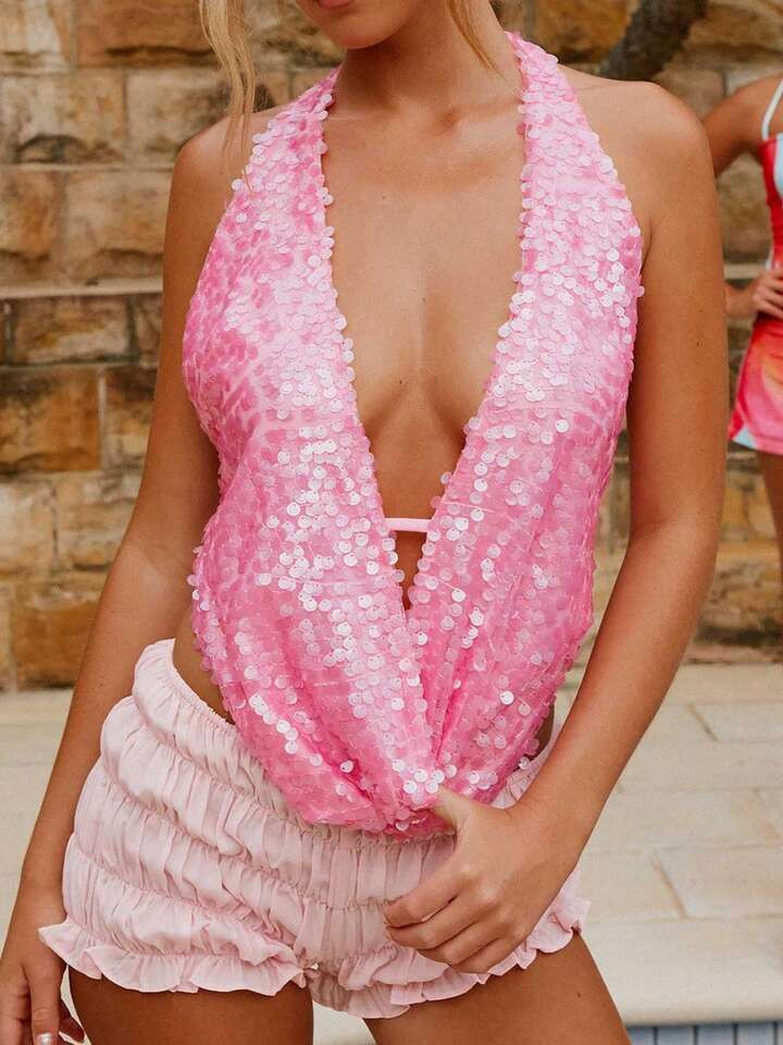 Women Tank Tops Sparkly Sequins Backless Halter Neck Vests Summer Sleeveless Tops Streetwear | SHEIN