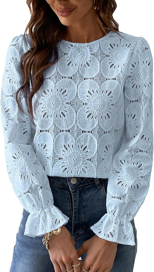 CUPSHE Women's Eyelet Long Sleeve Tops Shirts Dressy Hollow Out Crochet Lace Embroidered Blouses ... | Amazon (US)