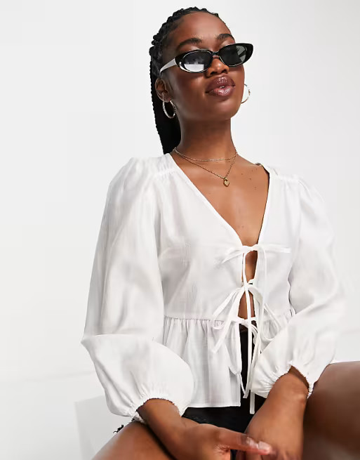 Topshop tie front bed jacket blouse top in ivory  | ASOS | ASOS (Global)
