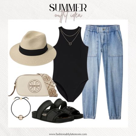 The perfect summer outfit inspiration! Loving those jeans! 

Fashionably late mom 
Black bodysuit 
Crossbody bag
Sam Edelman sandals 