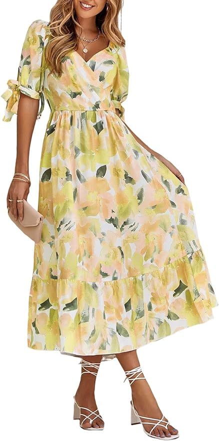 BLENCOT Womens Casual Summer Tie Short Sleeve V Neck Floral Pattern Ruffle Elastic Waist Maxi Dre... | Amazon (US)