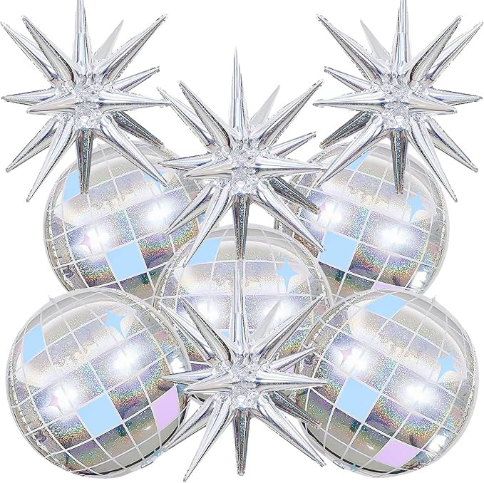 9Pcs Disco Ball Balloons Iridescent,22Inch Glitter Silver 4D Large Foil Disco Balloons with Explo... | Amazon (US)