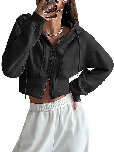 Fisoew Women's Casual Zip Up Crop Hoodies Workout Drawstring Long Sleeve Sweatshirts Black | Amazon (US)