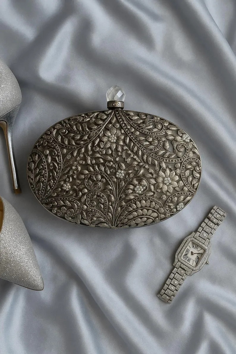Silver Motif Oval Clutch Bag Mother of Pearl Evening Purse | Ready to Ship - Etsy | Etsy (Global)