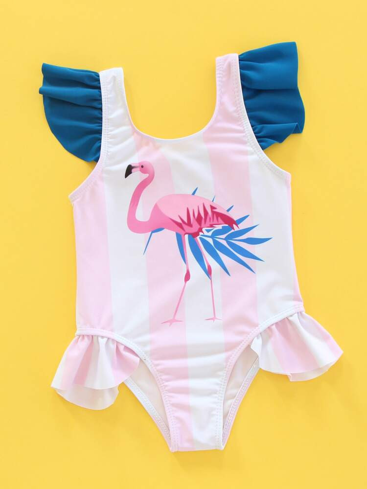Toddler Girls Flamingo & Striped Ruffle One Piece Swimsuit | SHEIN