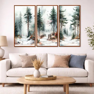Snowy Pine Tree Forest Path – Pine Trees Framed Wall Art Set of 3 | Wayfair North America