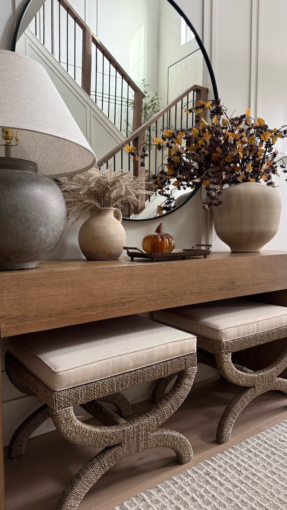#ad My favorite @Wayfair finds! Console table, ottomans, oversized mirror, lamp, rug; pieces I recommend over and over! 
#wayfair #wayfairpartner #liketkit