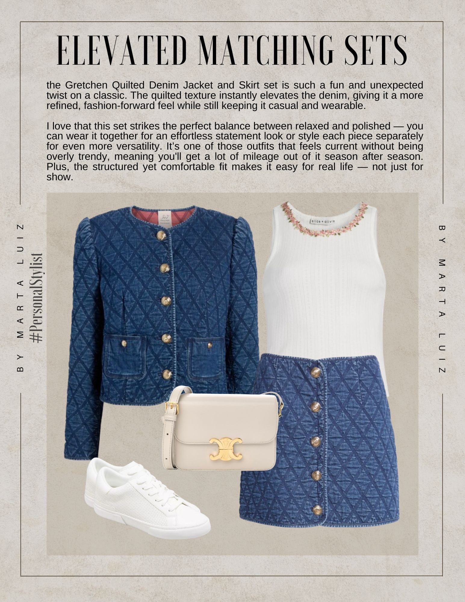 ELEVATED MATCHING SETS

the Gretchen Quilted Denim Jacket and Skirt set is such a fun and unexpected twist on a classic. The quilted texture instantly elevates the denim, giving it a more refined, fashion-forward feel while still keeping it casual and wearable.

I love that this set strikes the perfect balance between relaxed and polished - you can wear it together for an effortless statement look or style each piece separately for even more versatility. It's one of those outfits that feels current without being overly trendy, meaning you'll get a lot of mileage out of it season after season.

Plus, the structured yet comfortable fit makes it easy for real life - not just for show.

#LTKStyleTip