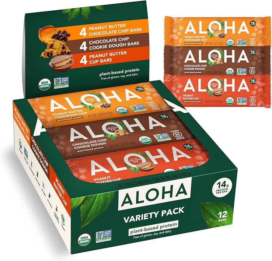 ALOHA Organic Plant Based Protein Bars - 3 Flavor Variety Pack - 12 Count, 1.98oz Bars - Vegan Sn... | Amazon (US)