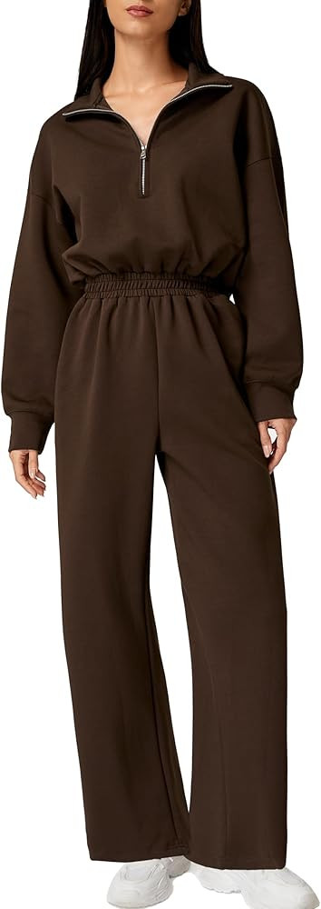 QINSEN Women's AirCotton Long-Sleeve Half-Zip High Waisted Wide Leg Jumpsuit with Peckets | Amazon (US)