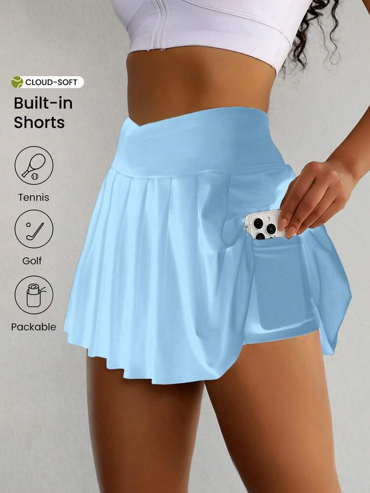Easithlete Solid Color Patch Pocket V-Waist Fashionable Sports Skorts, Summer Tennis Skirt | SHEIN
