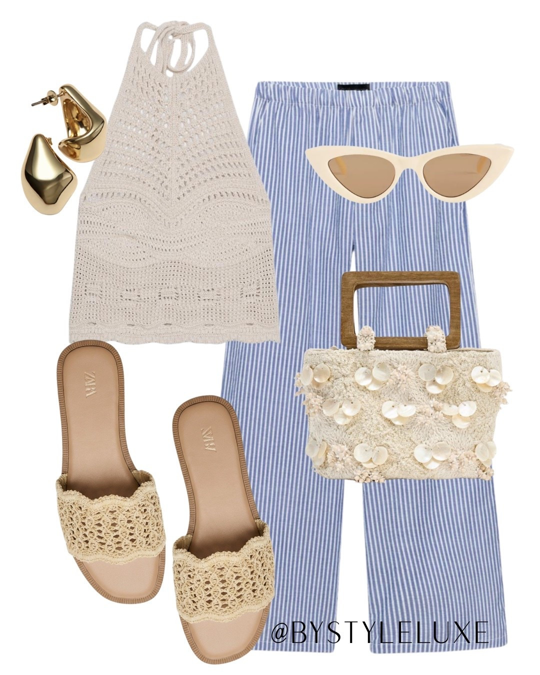 SUMMER STRIPES - A staple blue striped lightweight trouser for summer. Styled here with a knitted halterneck top for the perfect  summer look, great for beach holiday or city break

#sandals #holidayoutfit #summeroutfit

#LTKsummer #LTKshoes #LTKbag